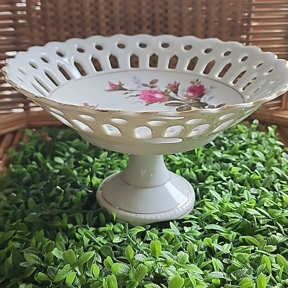 Vintage Japan Moss Rose Pedestal Dish With Gold Tone Detail Coquette Bridal